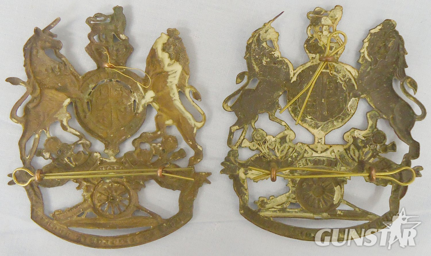  Pair* British Army Royal Artillery Kings Crown Helmet Plates One is c1878-1902 & the Other is c1902-1952. 22434:14. Pair* British Army Royal Artillery Kings Crown Helmet Plates One is c1878-1902 & the Other is c1902-1952. 22434:14.  Antique & Militaria