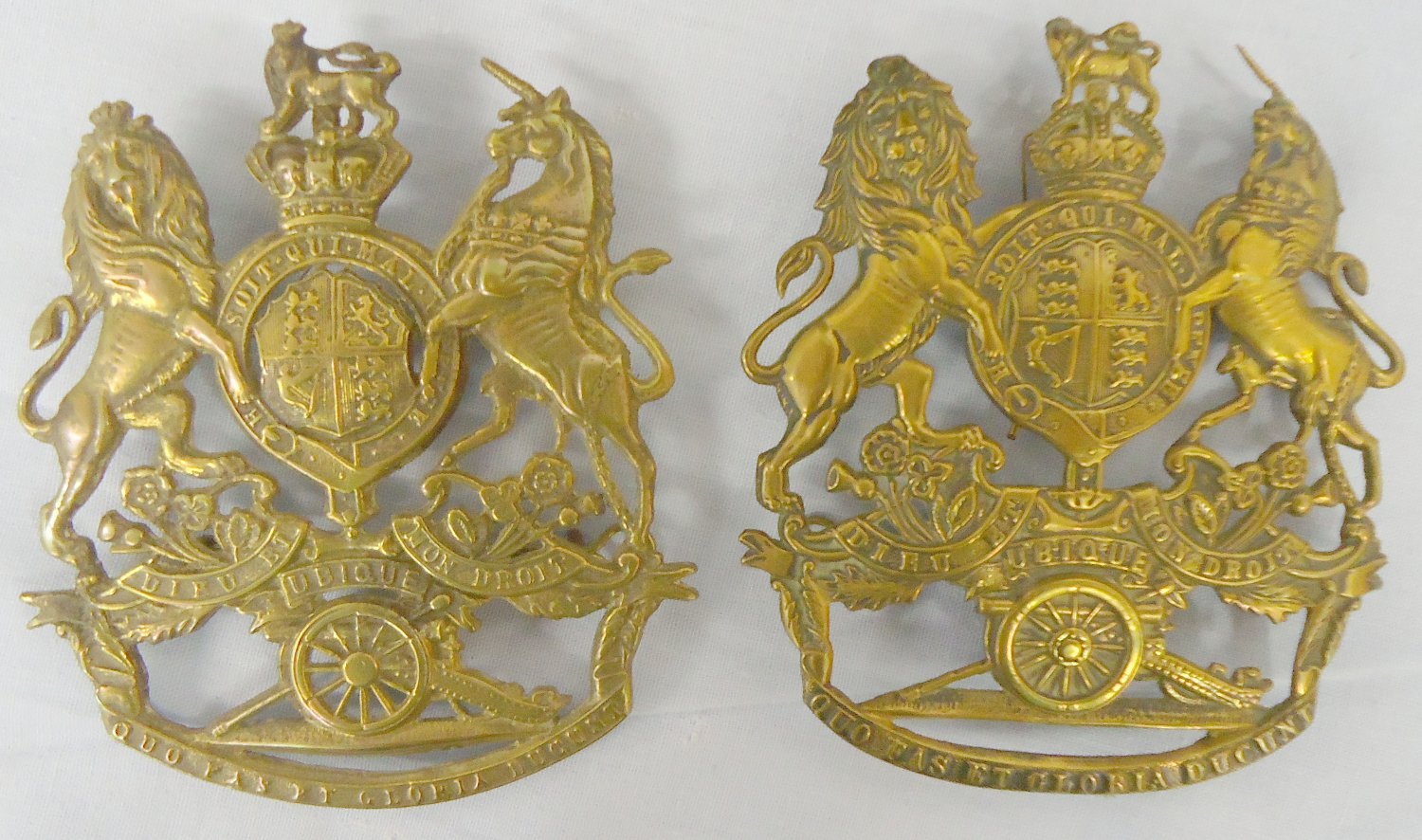 Pair* British Army Royal Artillery Kings Crown Helmet Plates One is c1878-1902 & the Other is c1902-1952. 22434:14. Pair* British Army Royal Artillery Kings Crown Helmet Plates One is c1878-1902 & the Other is c1902-1952. 22434:14.  Antique & Militaria