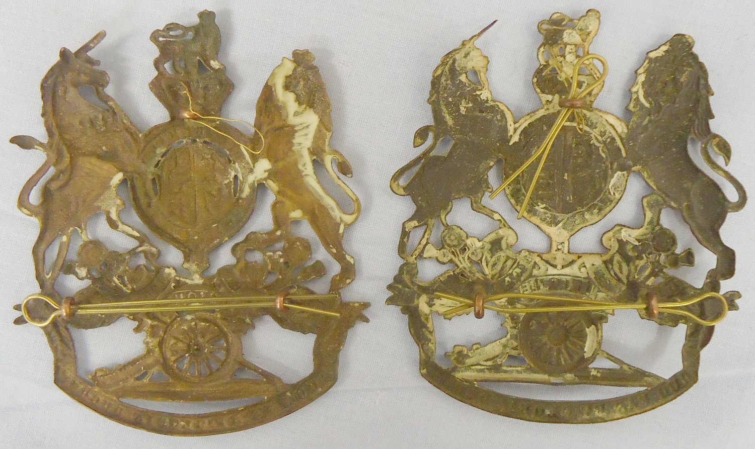  Pair* British Army Royal Artillery Kings Crown Helmet Plates One is c1878-1902 & the Other is c1902-1952. 22434:14. Pair* British Army Royal Artillery Kings Crown Helmet Plates One is c1878-1902 & the Other is c1902-1952. 22434:14.  Antique & Militaria