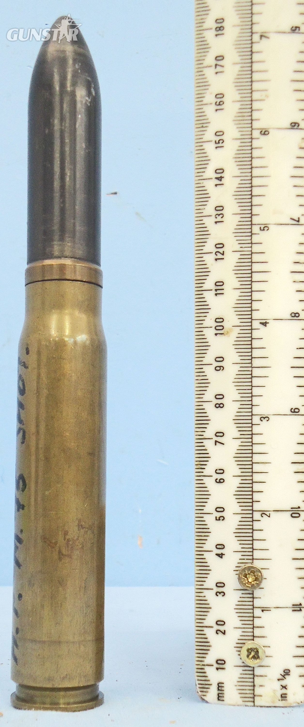 INERT DEACTIVATED. American,1943 Dated, 20MM Hispano-Suiza (20x110) HS 404 Aircraft Cannon AP (Armour Piercing) Round by G.M.S. (Globe Machine and Stamping Co., Cleveland, Ohio. - O 2225 INERT DEACTIVATED. American,1943 Dated, 20MM Hispano-Suiza (20x110) HS 404 Aircraft Cannon AP (Armour Piercing) Round by G.M.S. (Globe Machine and Stamping Co., Cleveland, Ohio. - O 2225  Other Ammunition in 