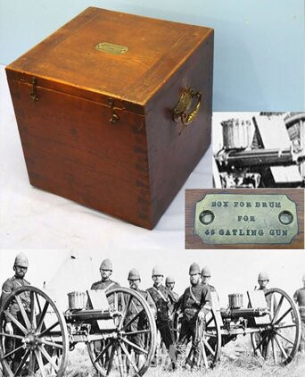 Rare, Victorian, British Army & Naval .45" Gatling Gun, Mahogany Box for Drum Magazine. Sn - 17085 Rare, Victorian, British, Mahogany Box for Drum Magazine for the British Army & Navy .45 inch Gatling Gun. Sn - 17085 Antique & Militaria in 