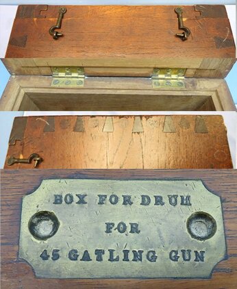  Rare, Victorian, British Army & Naval .45" Gatling Gun, Mahogany Box for Drum Magazine. Sn - 17085 Rare, Victorian, British, Mahogany Box for Drum Magazine for the British Army & Navy .45 inch Gatling Gun. Sn - 17085 Antique & Militaria