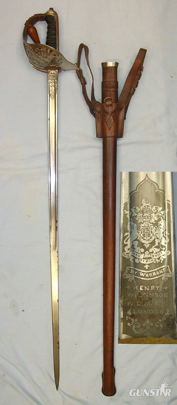 WW1 Era British WD 1897 Pattern Henry Wilkinson London Infantry Officer’s Sword With King George V Guard, Blade Number 45075,  Sword in 