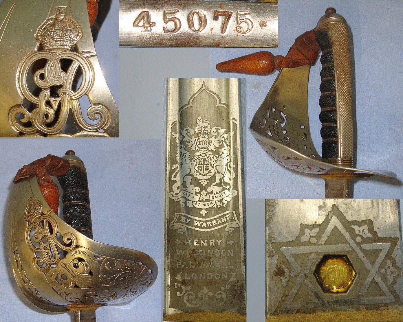 WW1 Era British WD 1897 Pattern Henry Wilkinson London Infantry Officer’s Sword With King George V Guard, Blade Number 45075,  Sword