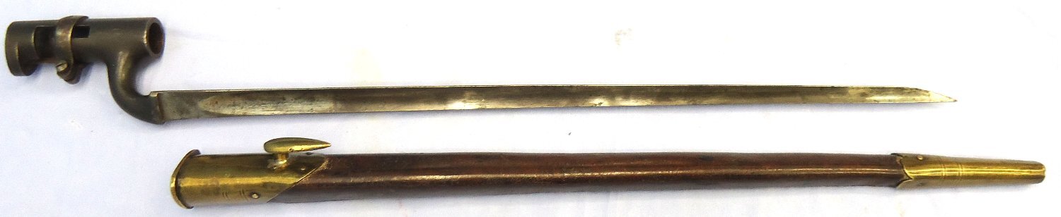 {CATEGORY} - British, 1853/72 Pattern Martini Henry Rifle Bushed Socket Bayonet by Reeves and Scabbard. Sn 23765 Bayonet in 