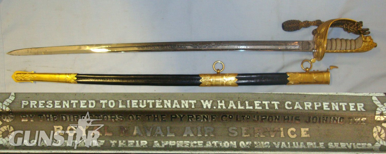 RARE**ATTRIBUTED RNAS PILOT OFFICER’S**MINT**WW1 Era British Kings Crown Henry Wilkinson Sword With Blued & Etched Panels Blade Presented To Captain (Later RAF) William Hallett-Carpenter, Bullion Cord, Portepee & Matching Maker Scabbard. Sn 22088 Sword in 