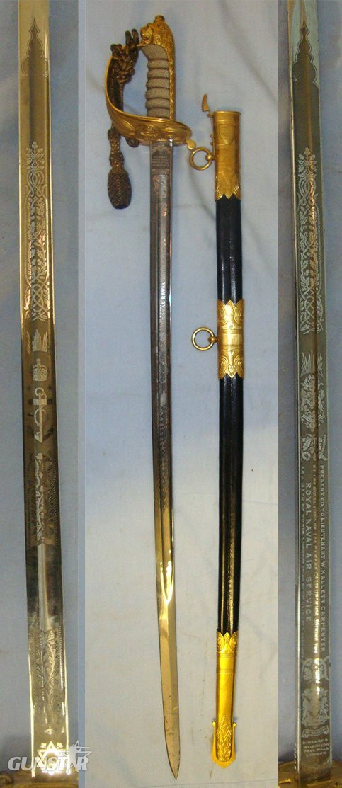  RARE**ATTRIBUTED RNAS PILOT OFFICER’S**MINT**WW1 Era British Kings Crown Henry Wilkinson Sword With Blued & Etched Panels Blade Presented To Captain (Later RAF) William Hallett-Carpenter, Bullion Cord, Portepee & Matching Maker Scabbard. Sn 22088 Sword