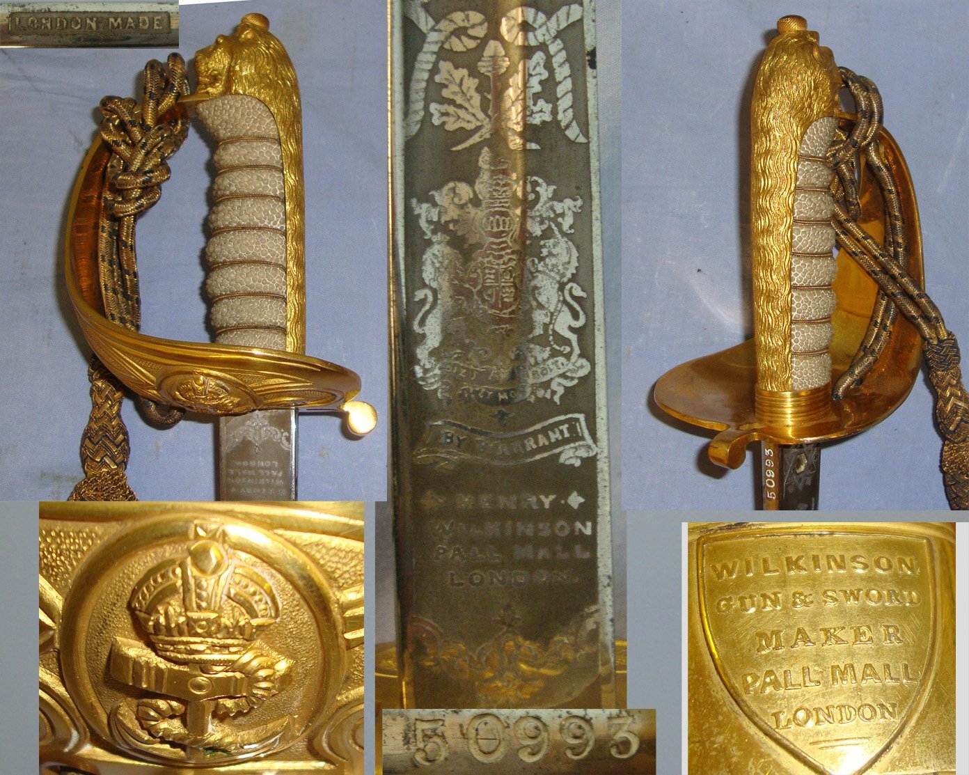 RARE**ATTRIBUTED RNAS PILOT OFFICER’S**MINT**WW1 Era British Kings Crown Henry Wilkinson Sword With Blued & Etched Panels Blade Presented To Captain (Later RAF) William Hallett-Carpenter, Bullion Cord, Portepee & Matching Maker Scabbard. Sn 22088 Sword