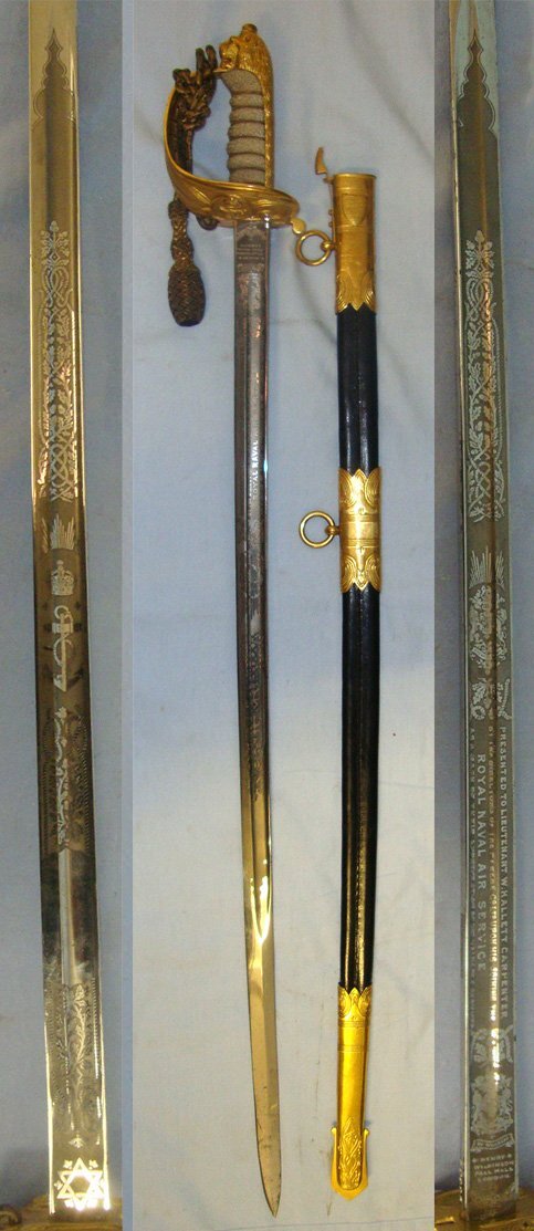  RARE**ATTRIBUTED RNAS PILOT OFFICER’S**MINT**WW1 Era British Kings Crown Henry Wilkinson Sword With Blued & Etched Panels Blade Presented To Captain (Later RAF) William Hallett-Carpenter, Bullion Cord, Portepee & Matching Maker Scabbard. Sn 22088 Sword