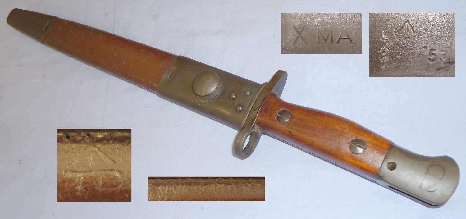 Australian Owen Mk I Sub Machine Gun 1907 Pattern Bayonet with Lithgow Marked Blade and No. 1 Scabbard. 22534:6. Bayonet