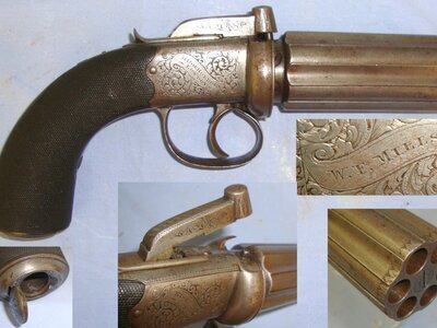 LARGE FRAME**1822-37 English William Mills High Holborn London 6 Shot .400 Calibre Double Action Percussion Bar Hammer Pepperbox Revolver. Sn 22698 .400 Cor-Bon Revolver