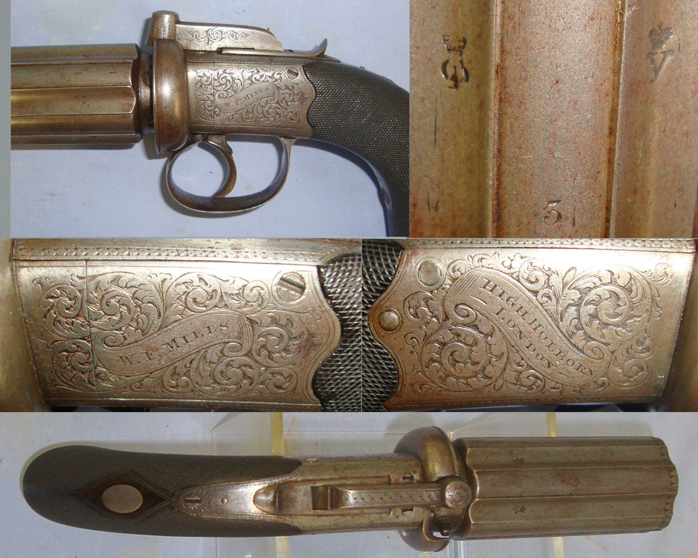 LARGE FRAME**1822-37 English William Mills High Holborn London 6 Shot .400 Calibre Double Action Percussion Bar Hammer Pepperbox Revolver. Sn 22698 .400 Cor-Bon Revolver
