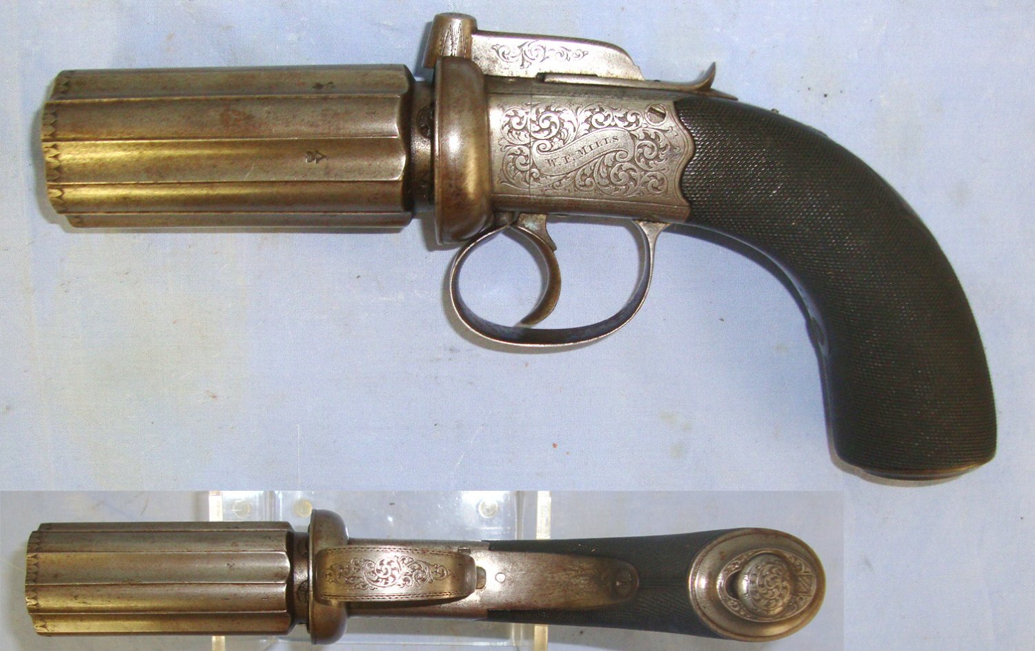  LARGE FRAME**1822-37 English William Mills High Holborn London 6 Shot .400 Calibre Double Action Percussion Bar Hammer Pepperbox Revolver. Sn 22698 .400 Cor-Bon Revolver