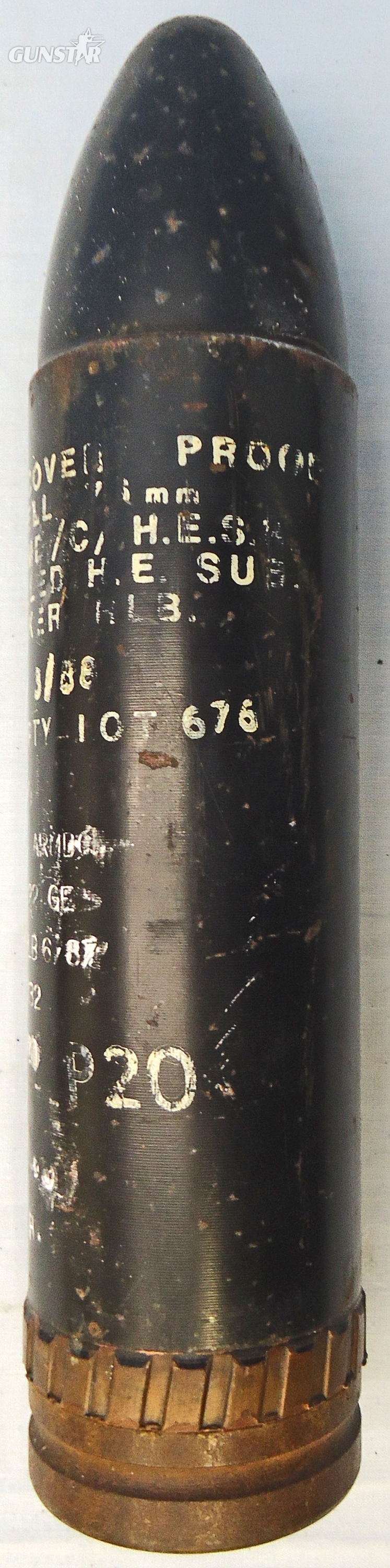 {CATEGORY} - INERT DEACTIVATED. British, Rare, 76mm ARMDC (76.2x230R) L23A1, PROOF RECOVERY, HESH (High Explosive Squash Head) Round For The Scorpion light Tank and Saladin Armoured Car. - O 2014 INERT DEACTIVATED. British, Rare, 76mm ARMDC (76.2x230R) L23A1, PROOF RECOVERY, HESH (High Explosive Squash Head) Round For The Scorpion light Tank and Saladin Armoured Car. - O 2014  Other Ammunition