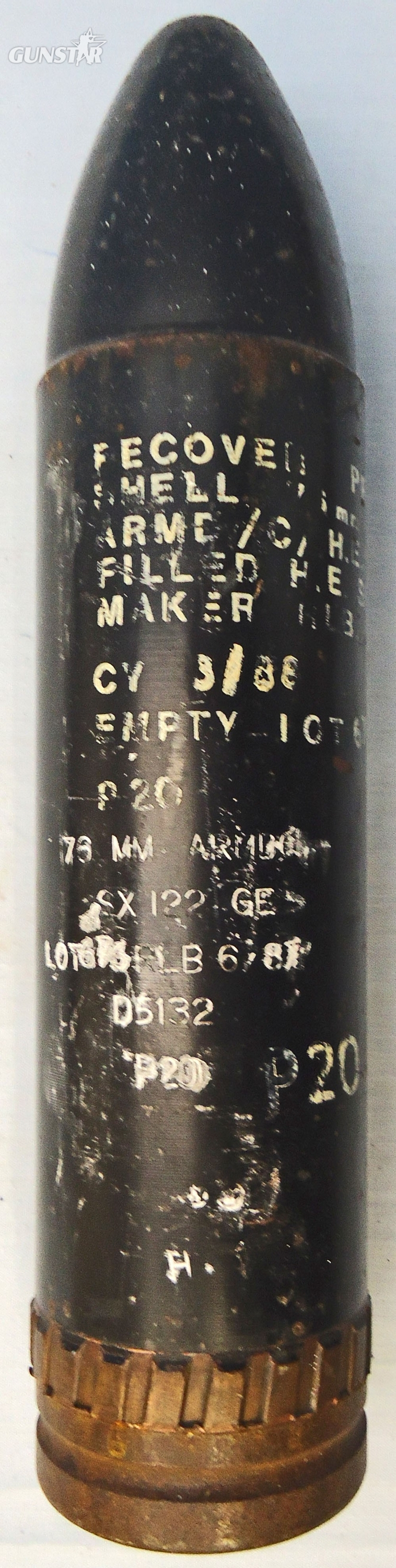 {CATEGORY} - INERT DEACTIVATED. British, Rare, 76mm ARMDC (76.2x230R) L23A1, PROOF RECOVERY, HESH (High Explosive Squash Head) Round For The Scorpion light Tank and Saladin Armoured Car. - O 2014 INERT DEACTIVATED. British, Rare, 76mm ARMDC (76.2x230R) L23A1, PROOF RECOVERY, HESH (High Explosive Squash Head) Round For The Scorpion light Tank and Saladin Armoured Car. - O 2014  Other Ammunition in 