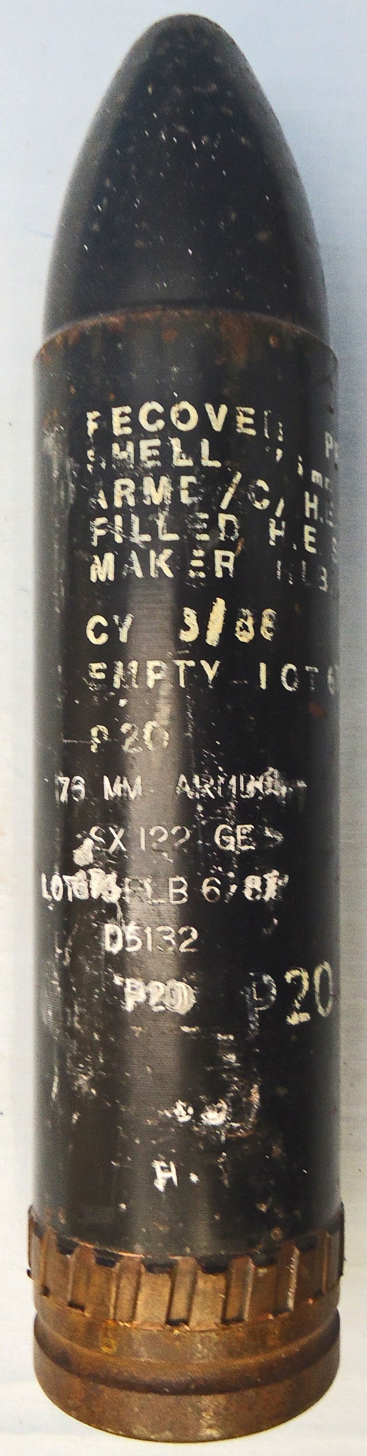 {CATEGORY} - INERT DEACTIVATED. British, Rare, 76mm ARMDC (76.2x230R) L23A1, PROOF RECOVERY, HESH (High Explosive Squash Head) Round For The Scorpion light Tank and Saladin Armoured Car. - O 2014 INERT DEACTIVATED. British, Rare, 76mm ARMDC (76.2x230R) L23A1, PROOF RECOVERY, HESH (High Explosive Squash Head) Round For The Scorpion light Tank and Saladin Armoured Car. - O 2014  Other Ammunition in 