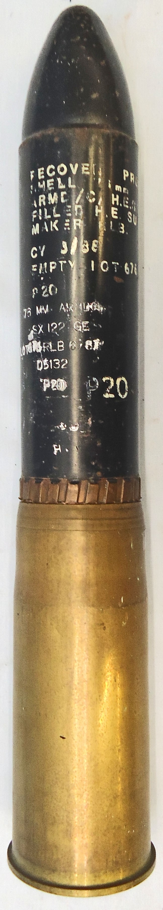 INERT DEACTIVATED. British, Rare, 76mm ARMDC (76.2x230R) L23A1, PROOF RECOVERY, HESH (High Explosive Squash Head) Round For The Scorpion light Tank and Saladin Armoured Car. - O 2014 INERT DEACTIVATED. British, Rare, 76mm ARMDC (76.2x230R) L23A1, PROOF RECOVERY, HESH (High Explosive Squash Head) Round For The Scorpion light Tank and Saladin Armoured Car. - O 2014  Other Ammunition - {CATEGORY} in 