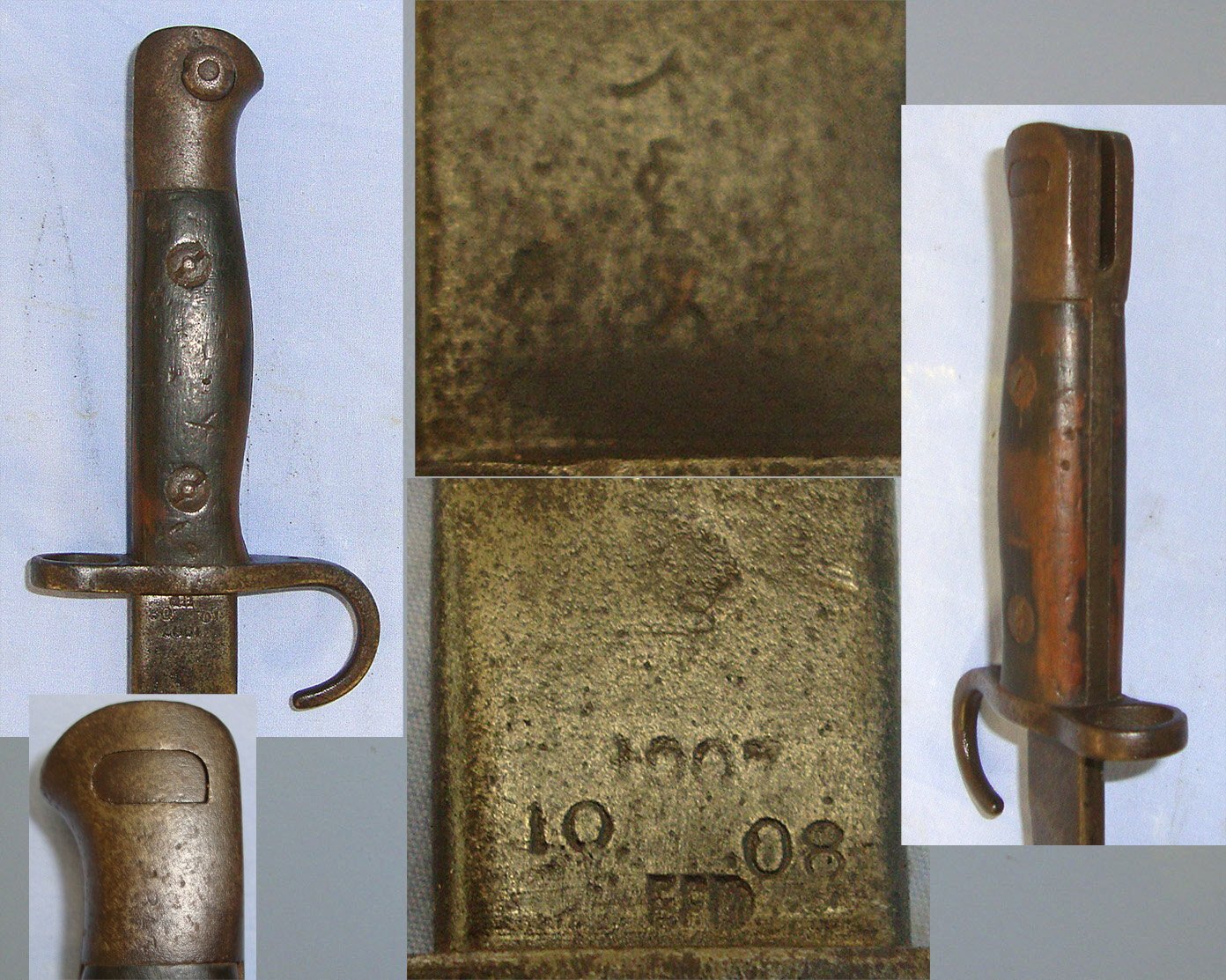 RARE*FIRST YEAR OF PRODUCTION*Pre WW1 1908 Dated British Enfield 1st Pattern Hook Quillon Pattern 1907 Bayonet, Scabbard & 1908 Pattern Webbing Frog With Helve Carrier Strap. Sn 23768 Bayonet