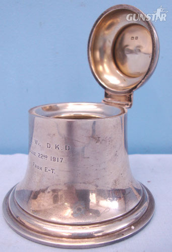 A & J Zimmerman Birmingham. Sterling Silver Bell Shaped British Officer’s Presentation Ink Well With Hinged  Other Accessory in 