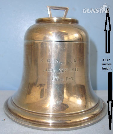 A & J Zimmerman Birmingham. Sterling Silver Bell Shaped British Officer’s Presentation Ink Well With Hinged  Other Accessory