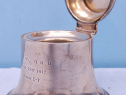 A & J Zimmerman Birmingham. Sterling Silver Bell Shaped British Officer’s Presentation Ink Well With Hinged  Other Accessory