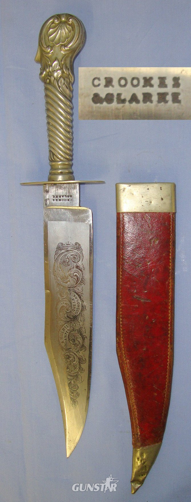Victorian English Crookes & Clarke Sheffield German Silver Cutlery Hilt Bowie Knife With Etched Blade ‘La Muerte Antes Que La Dishonra’ (Spanish: Death Before Dishonour) Made For The Continental Export Market & Open Top Scabbard. Sn 22963 Knive in 