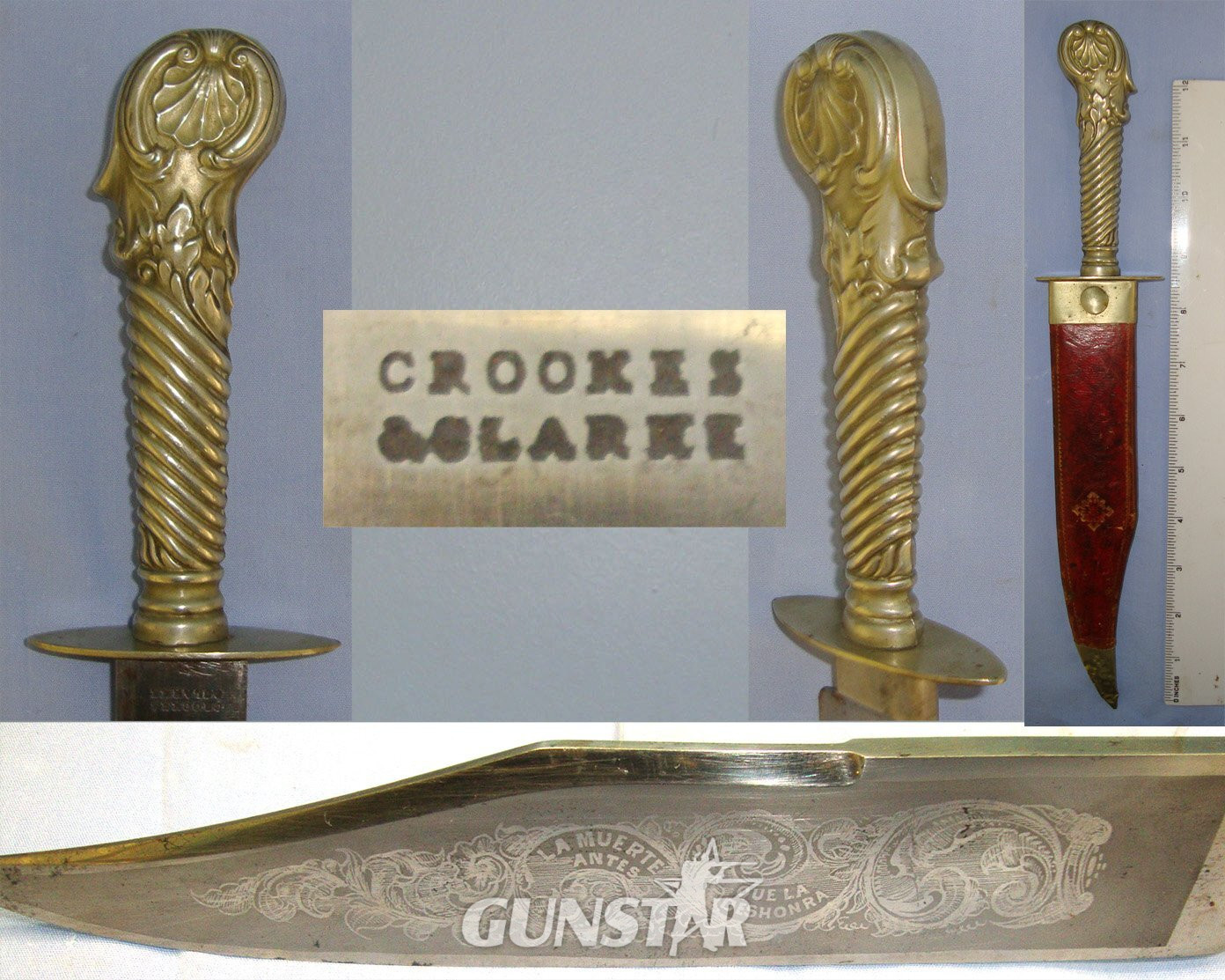 Victorian English Crookes & Clarke Sheffield German Silver Cutlery Hilt Bowie Knife With Etched Blade ‘La Muerte Antes Que La Dishonra’ (Spanish: Death Before Dishonour) Made For The Continental Export Market & Open Top Scabbard. Sn 22963 Knive