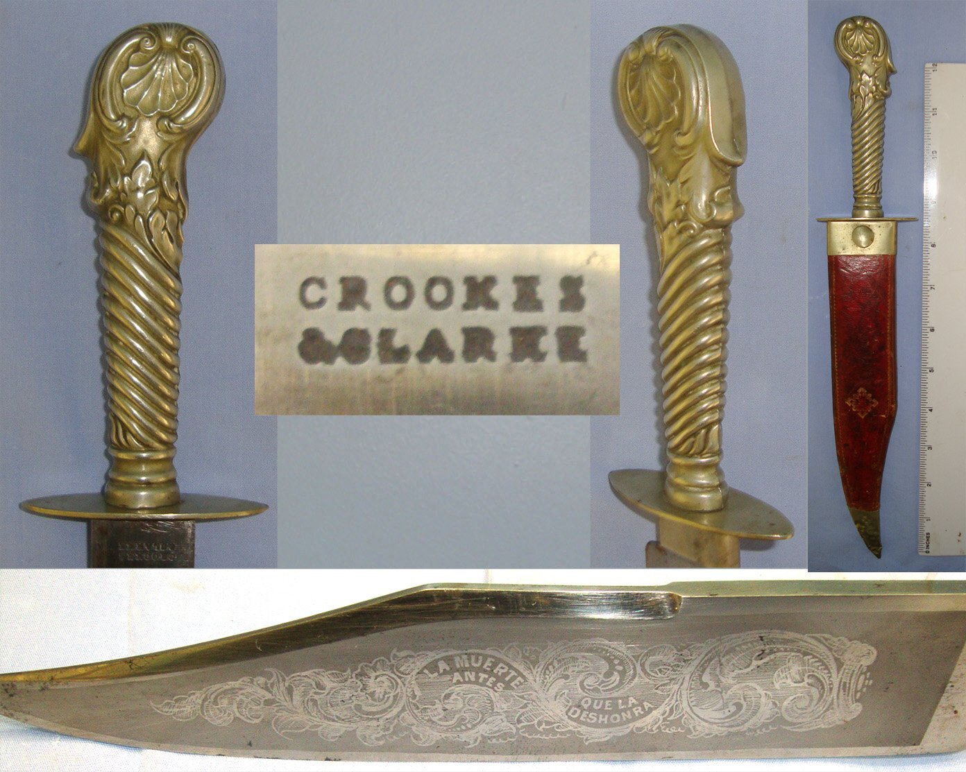 Victorian English Crookes & Clarke Sheffield German Silver Cutlery Hilt Bowie Knife With Etched Blade ‘La Muerte Antes Que La Dishonra’ (Spanish: Death Before Dishonour) Made For The Continental Export Market & Open Top Scabbard. Sn 22963 Knive