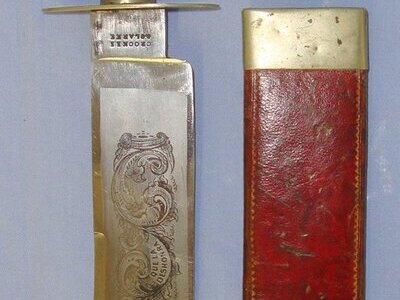 Victorian English Crookes & Clarke Sheffield German Silver Cutlery Hilt Bowie Knife With Etched Blade ‘La Muerte Antes Que La Dishonra’ (Spanish: Death Before Dishonour) Made For The Continental Export Market & Open Top Scabbard. Sn 22963 Knive