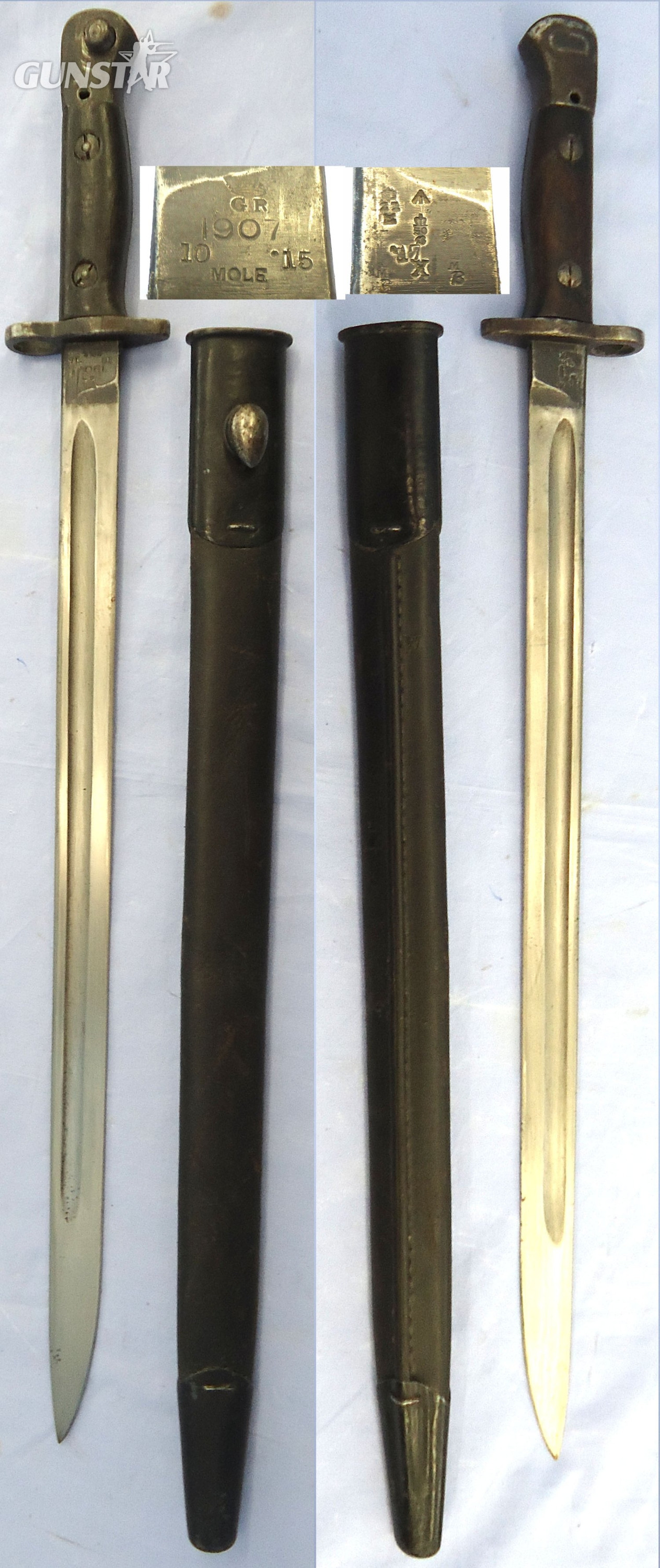 British, WW1, 1915 Dated, 1907 Pattern Bayonet & Scabbard by Mole. Sn 23478:72 Bayonet in 