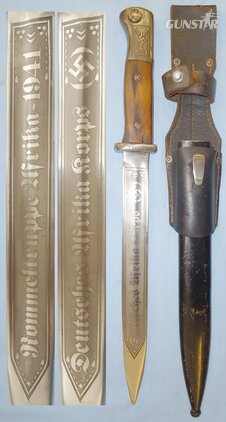 Original Nazi German K98 Bayonet with Later Etched Blade ‘Deutsches Afrika Korps- Hommeltruppe Afrika 1941 with Scabbard and Leather Frog. BAYO 415. Bayonet in 