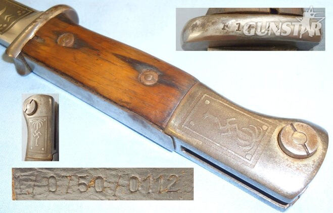 Original Nazi German K98 Bayonet with Later Etched Blade ‘Deutsches Afrika Korps- Hommeltruppe Afrika 1941 with Scabbard and Leather Frog. BAYO 415. Bayonet