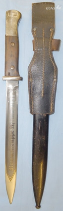  Original Nazi German K98 Bayonet with Later Etched Blade ‘Deutsches Afrika Korps- Hommeltruppe Afrika 1941 with Scabbard and Leather Frog. BAYO 415. Bayonet