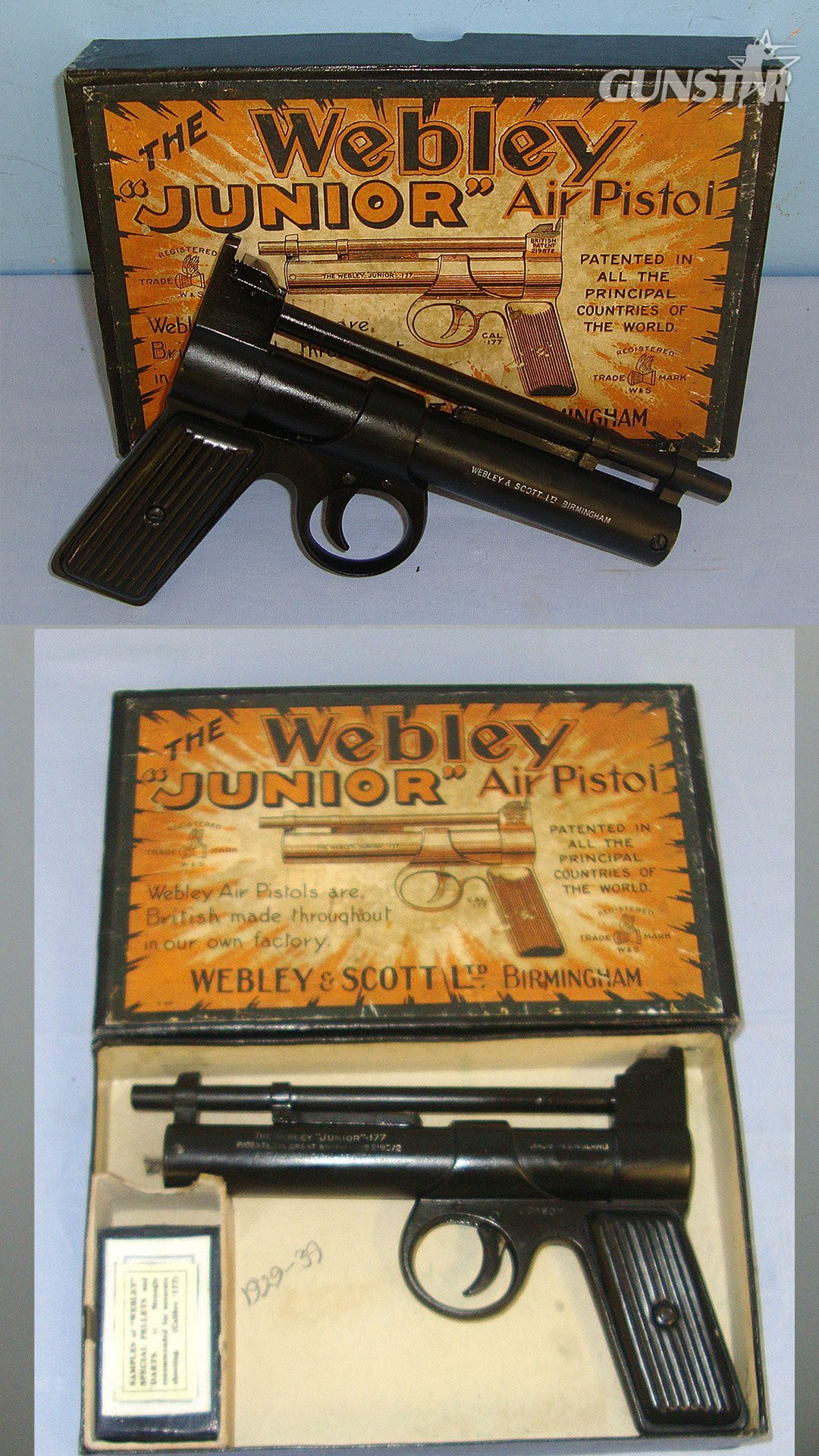 MATCHING NUMBERS** Boxed 1930's Webley Junior .177 Calibre Air Pistol With Tin Plate Grips. Sn 23484:61 air pistol .177
