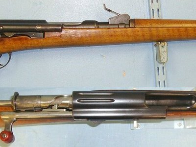 MINT BORE**SCARCE**ONE OF ONLY 7,987**Swiss Military Schmidt Rubin, 7.5 x 53.5 mm Obsolete Calibre Single Shot, Model 1897 Kadettengewehre Cadet Straight Pull Short Rifle With Original Removable Military Muzzle / Sight Cover. Sn 23340:6 cadet Bolt Action 7.5 mm Rifle