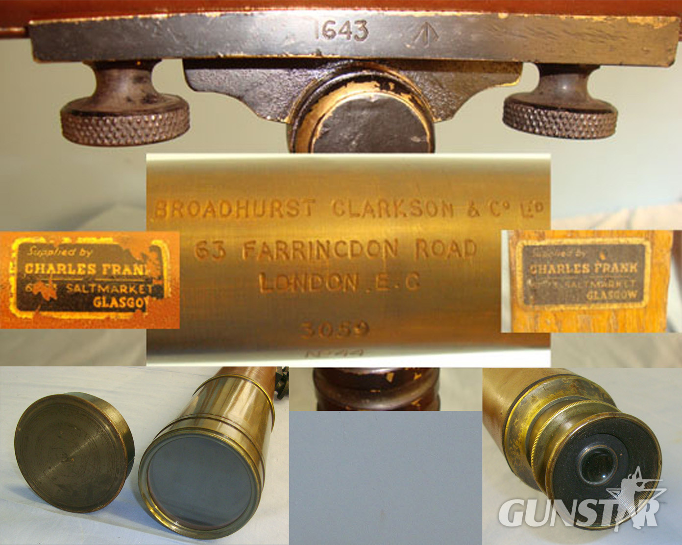 IMPRESSIVE**LARGE**WW1 Era British WD Brass & Leather Coastal Artillery Telescope By Broadhurst, Clarkson and Co Ltd London With Brass lens Cover Supplied By Charles Franks Glasgow & Matching Franks Glasgow WD Wood Tri-Pod With Spiked End Caps. Sn 14979/7  Sight & Optic