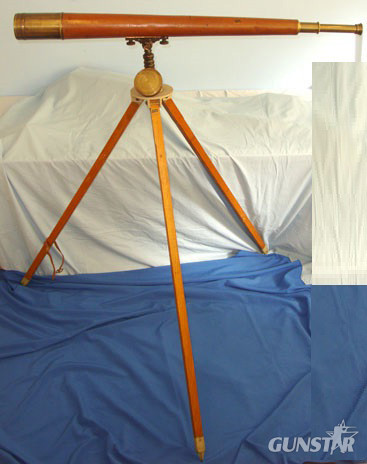  IMPRESSIVE**LARGE**WW1 Era British WD Brass & Leather Coastal Artillery Telescope By Broadhurst, Clarkson and Co Ltd London With Brass lens Cover Supplied By Charles Franks Glasgow & Matching Franks Glasgow WD Wood Tri-Pod With Spiked End Caps. Sn 14979/7  Sight & Optic