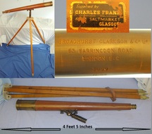 IMPRESSIVE**LARGE**WW1 Era British WD Brass & Leather Coastal Artillery Telescope By Broadhurst, Clarkson and Co Ltd London With Brass lens Cover Supplied By Charles Franks Glasgow & Matching Franks Glasgow WD Wood Tri-Pod With Spiked End Caps. Sn 14979/7  Sight & Optic