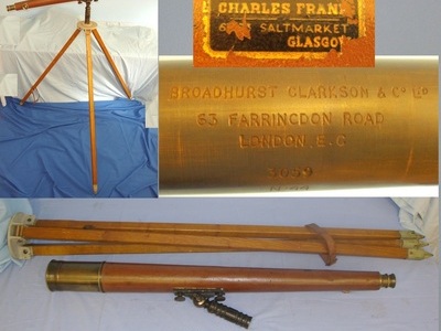 IMPRESSIVE**LARGE**WW1 Era British WD Brass & Leather Coastal Artillery Telescope By Broadhurst, Clarkson and Co Ltd London With Brass lens Cover Supplied By Charles Franks Glasgow & Matching Franks Glasgow WD Wood Tri-Pod With Spiked End Caps. Sn 14979/7  Sight & Optic
