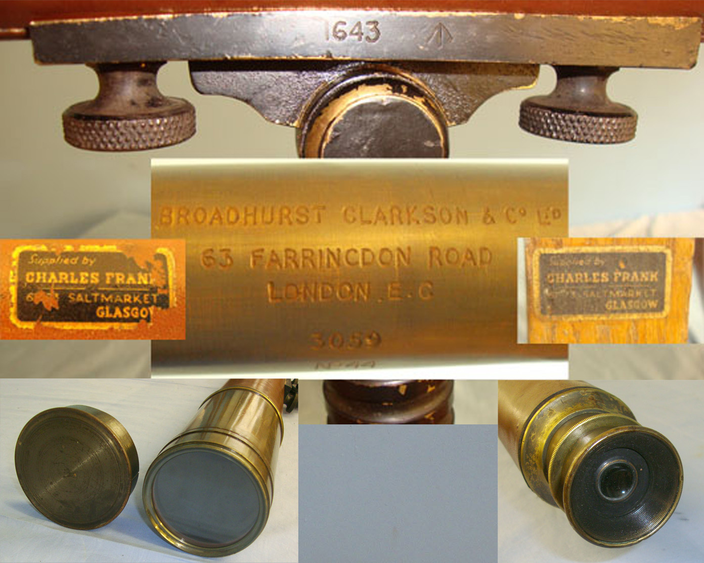 IMPRESSIVE**LARGE**WW1 Era British WD Brass & Leather Coastal Artillery Telescope By Broadhurst, Clarkson and Co Ltd London With Brass lens Cover Supplied By Charles Franks Glasgow & Matching Franks Glasgow WD Wood Tri-Pod With Spiked End Caps. Sn 14979/7  Sight & Optic