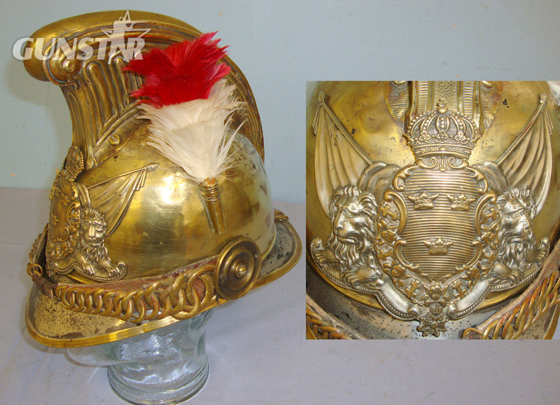 Late 19th Century / Early 20th Century Swedish Fireman’s Brass Helmet With Swedish State Helmet Plate & Red & White Feather Plume.  Clothing in 