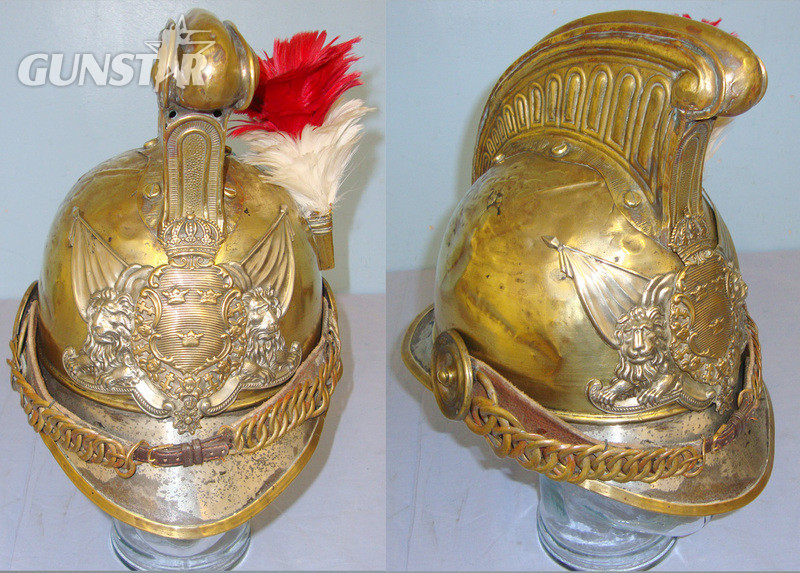 Late 19th Century / Early 20th Century Swedish Fireman’s Brass Helmet With Swedish State Helmet Plate & Red & White Feather Plume.  Clothing