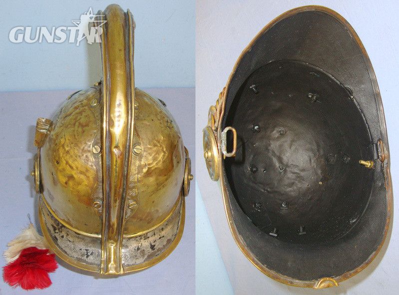 Late 19th Century / Early 20th Century Swedish Fireman’s Brass Helmet With Swedish State Helmet Plate & Red & White Feather Plume.  Clothing