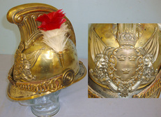 Late 19th Century / Early 20th Century Swedish Fireman’s Brass Helmet With Swedish State Helmet Plate & Red & White Feather Plume.  Clothing