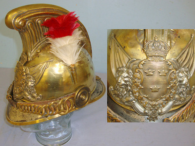 Late 19th Century / Early 20th Century Swedish Fireman’s Brass Helmet With Swedish State Helmet Plate & Red & White Feather Plume.  Clothing