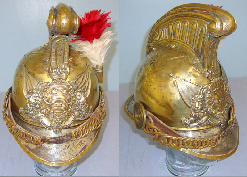 Late 19th Century / Early 20th Century Swedish Fireman’s Brass Helmet With Swedish State Helmet Plate & Red & White Feather Plume.  Clothing