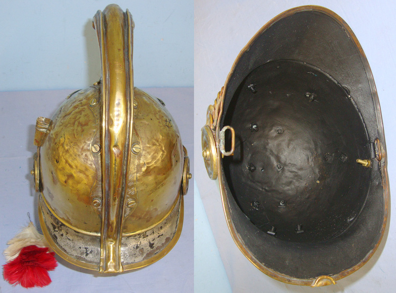  Late 19th Century / Early 20th Century Swedish Fireman’s Brass Helmet With Swedish State Helmet Plate & Red & White Feather Plume.  Clothing