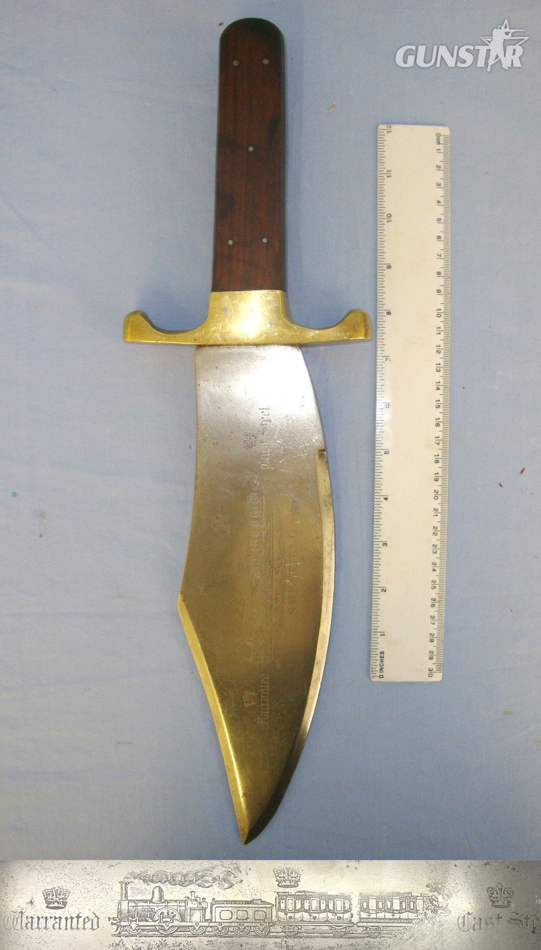 MASSIVE**Victorian Sheffield Cast Steel Railway Commemorative Bowie Knife With Etched Locomotive Pulling A Coal Tender & Passenger Carriages Along Train Track Scene. Sn 21698 Other Blade in 