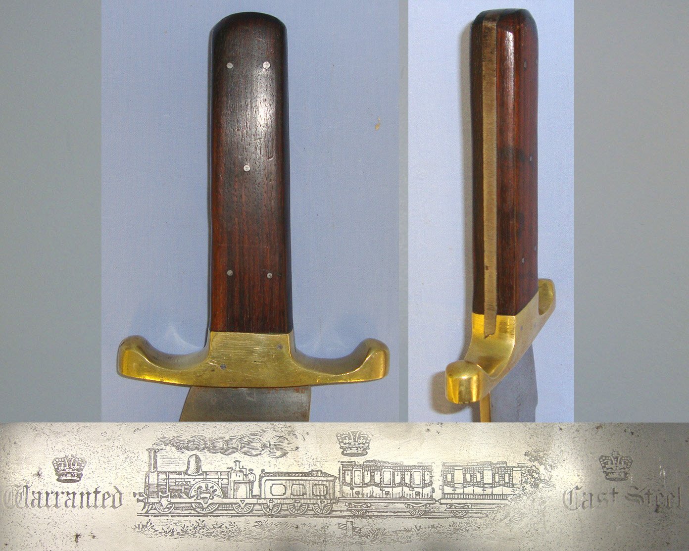 MASSIVE**Victorian Sheffield Cast Steel Railway Commemorative Bowie Knife With Etched Locomotive Pulling A Coal Tender & Passenger Carriages Along Train Track Scene. Sn 21698 Other Blade