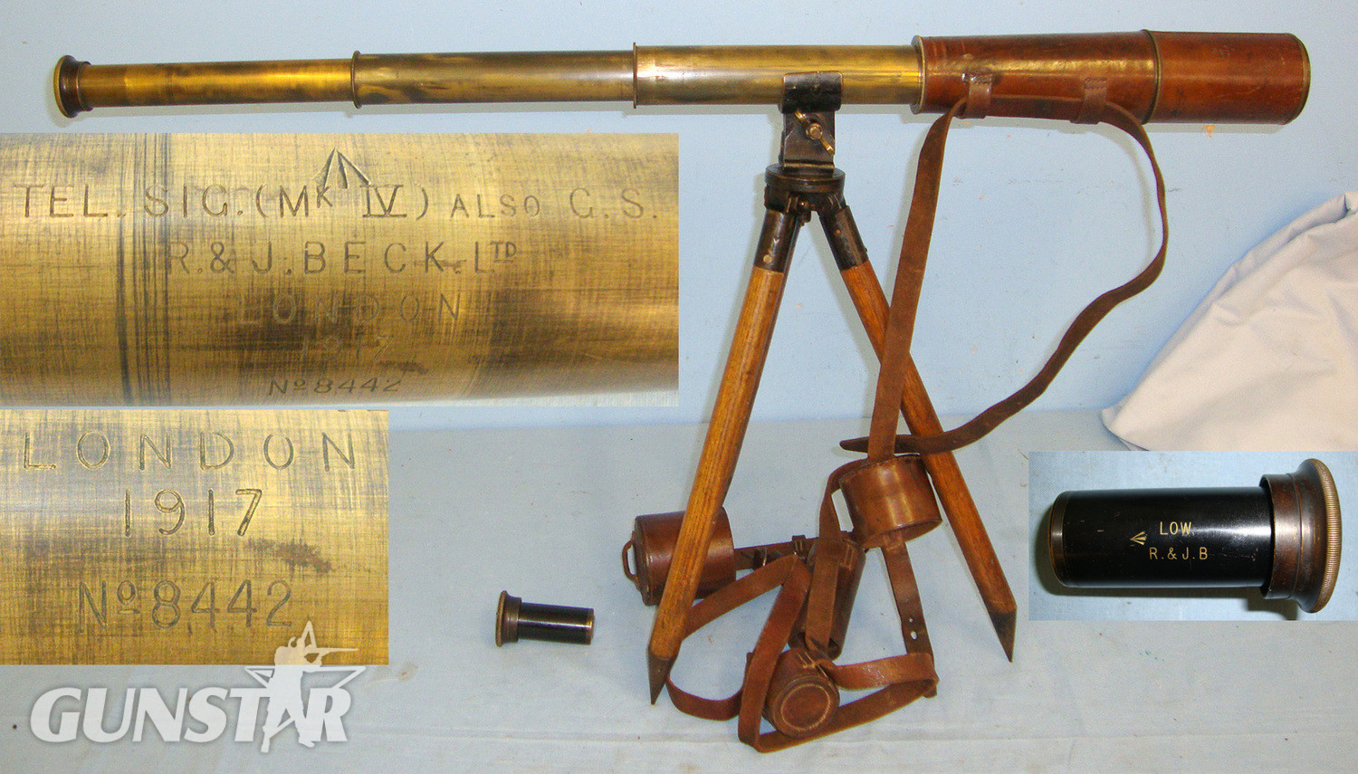 WW1 1917 R & J Beck Ltd London 3 Draw WD Marked MK IV British Military Telescope For Use By Sniper’s Spotter With Both High & Low Light / Magnification Eyepieces, Leather Cases With Straps & WD Houghton Butcher Mfg Stand No 21 MK V Tripod. Sn 20672:30  Sight & Optic in 